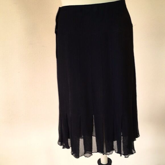 Anne Klein NY pleated side button crepe Silk Drop waist Skirt 12 Black lined - Picture 1 of 8
